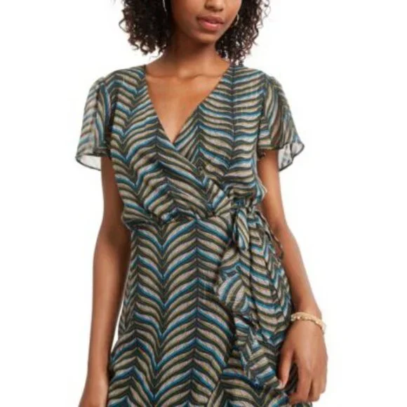 NWT City Studio Size 15 Multicolor Chevron Wrap Dress Ruffle Hem V-Neck - Picture 2 of 16
